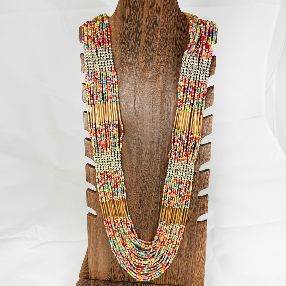 Vintage 1980s Multi-Strand Rainbow Seed Bead Statement Necklace 36" Southwestern